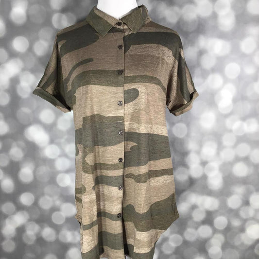 LuLaRoe Charlie Button Up Shirt in brown camo print with short sleeves and button front
