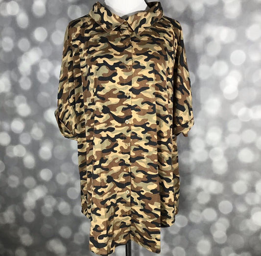 Front view of mannequin wearing LuLaRoe Charlie Button Up Shirt in tan, olive, and brown woodland camo print with short sleeves and button front against a blurred background