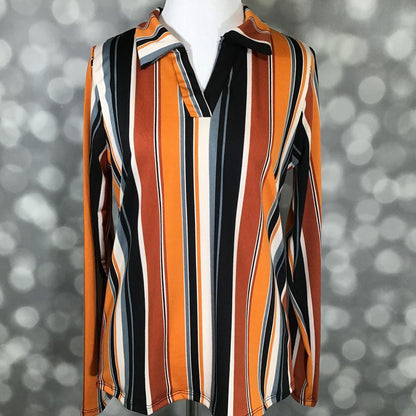 LuLaRoe Courtney long-sleeve top in a rust, gold, black, white, and slate blue vertical stripe pattern, displayed on a mannequin with a split collar V-neckline and tailored silhouette.