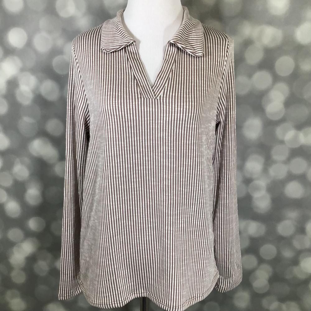 LuLaRoe Courtney long-sleeve polo top displayed on a mannequin, featuring a taupe and ivory vertical pinstripe pattern, soft collar, V-notch neckline, and a relaxed tailored fit