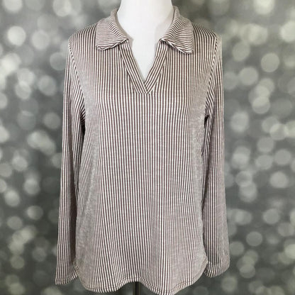 LuLaRoe Courtney long-sleeve polo top displayed on a mannequin, featuring a taupe and ivory vertical pinstripe pattern, soft collar, V-notch neckline, and a relaxed tailored fit
