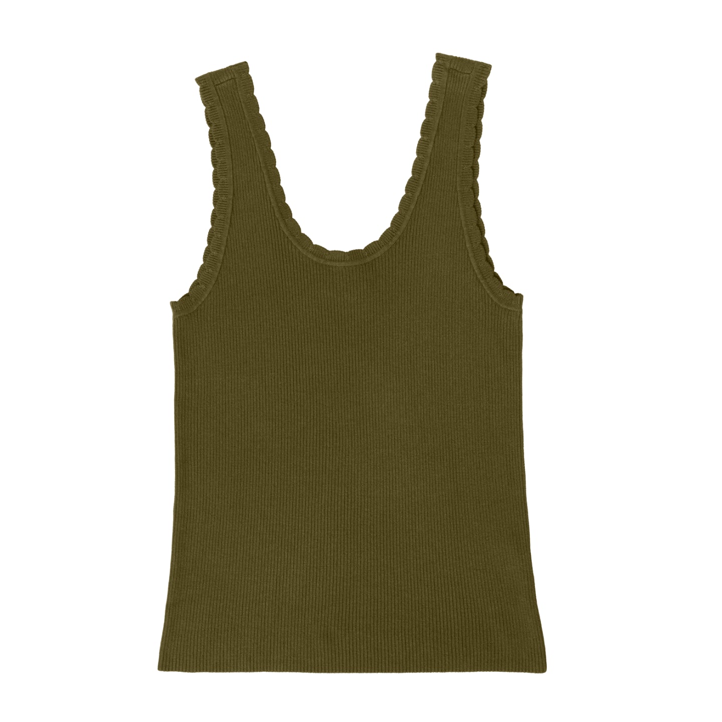 LuLaRoe Maydene Scallop Edge Tank in Solid Soft Olive with rib knit fabric, fitted silhouette, and scalloped neckline and arm openings. Alternate product image.