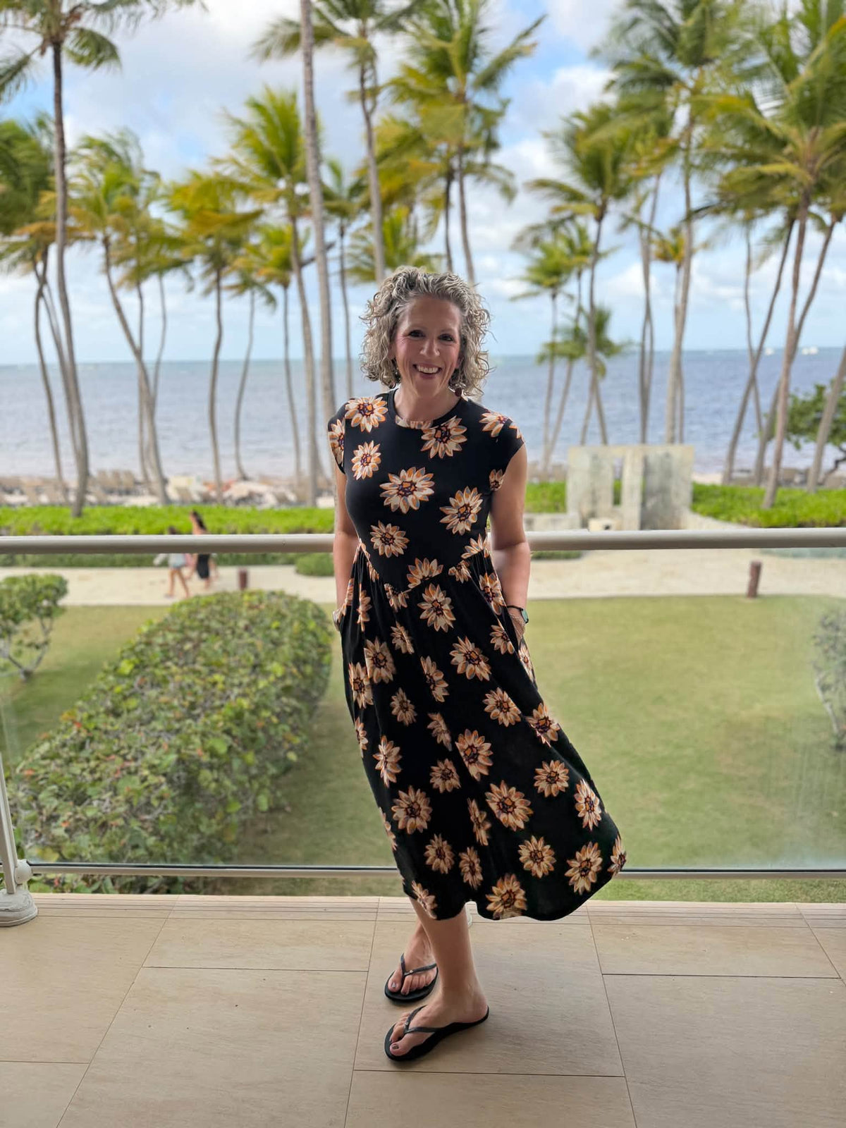 LuLaRoe Cassandra Cap Sleeve Midi Dress – Black with Rust Orange & Ivory Daisy Floral – view 4