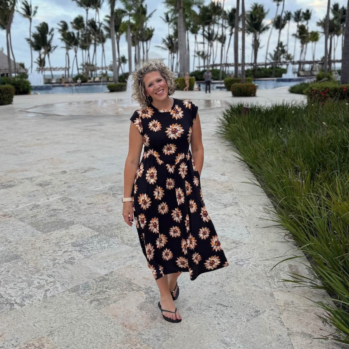 LuLaRoe Cassandra Cap Sleeve Midi Dress – Black with Rust Orange & Ivory Daisy Floral – view 3