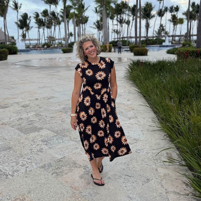 LuLaRoe Cassandra Cap Sleeve Midi Dress – Black with Rust Orange & Ivory Daisy Floral – view 3