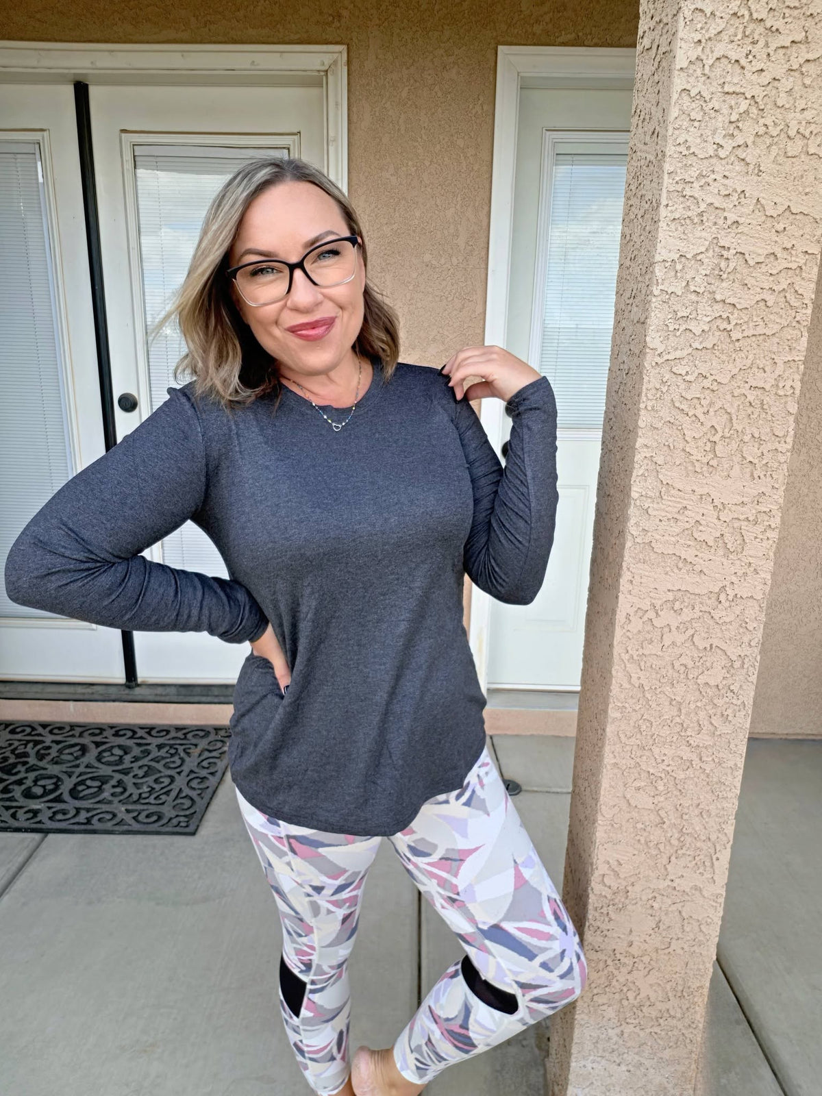 LuLaRoe Essential Long Sleeve Top Solid Heather Charcoal - women’s crewneck stretch baby rib long sleeve shirt, product photo 4