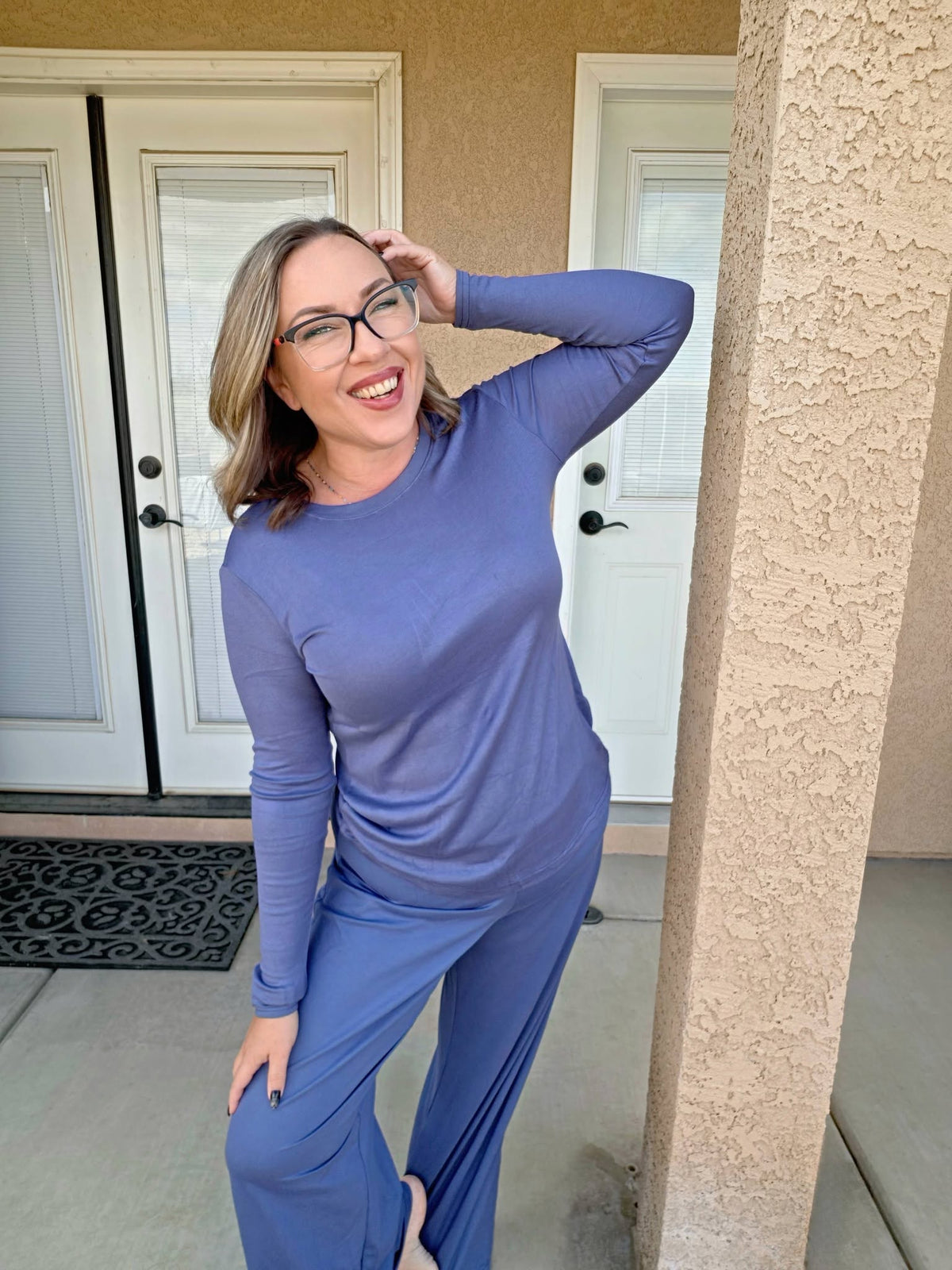 LuLaRoe Essential Long Sleeve Top Solid Vintage Denim - women’s crewneck stretch baby rib long sleeve shirt, product photo 4