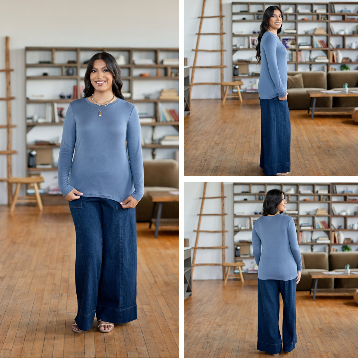 LuLaRoe Essential Long Sleeve Top Solid Vintage Denim - women’s crewneck stretch baby rib long sleeve shirt, product photo 3