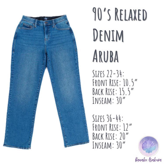 90's Relaxed Denim - Aruba Denim featuring a stylish mid-rise magic waistband and a versatile rolled cuff option, perfect for modern comfort and 90s-inspired fashion.