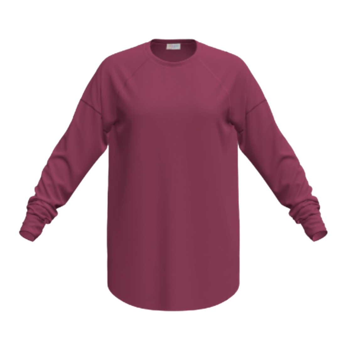 LuLaRoe Erin raglan sleeve top in solid mulberry wine, featuring long sleeves, soft terry fabric, a relaxed fit, and a curved hem, shown on a white background.