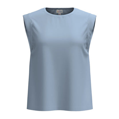 LuLaRoe Suzanne Cap Sleeve Top in Solid Powder Blue featuring a soft light blue color, relaxed fit, flattering cap sleeves, crew neckline, and curved hem in soft cotton spandex jersey.