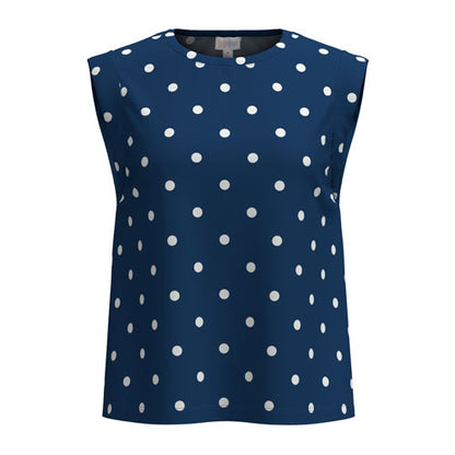 LuLaRoe Suzanne Cap Sleeve Top in Royal Blue Polka Dot featuring a vibrant royal blue background with classic white polka dots, relaxed fit, cap sleeves, and a curved hem.