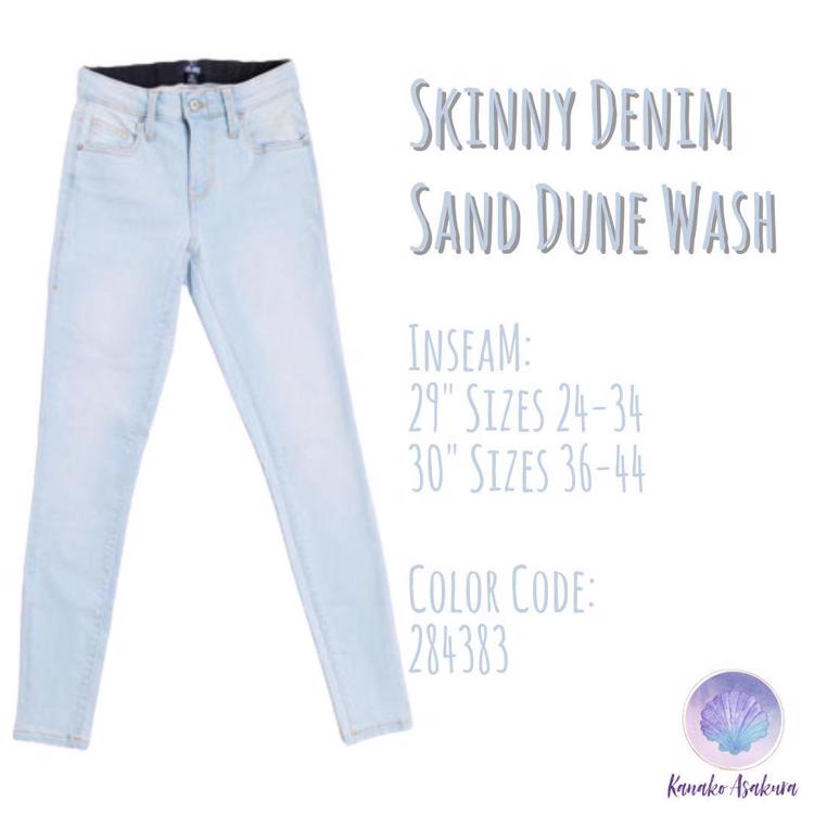 LuLaRoe Skinny Denim in Sand Dune Wash featuring a slim fit with super stretch fabric, magic waistband, slimming panels, and tapered leg design