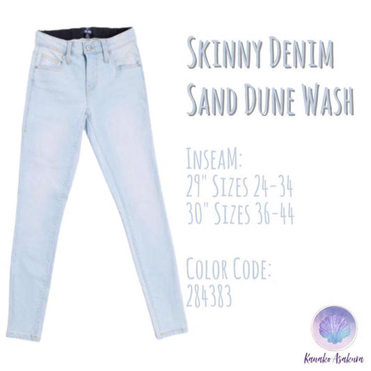 LuLaRoe Skinny Denim in Sand Dune Wash featuring a slim fit with super stretch fabric, magic waistband, slimming panels, and tapered leg design