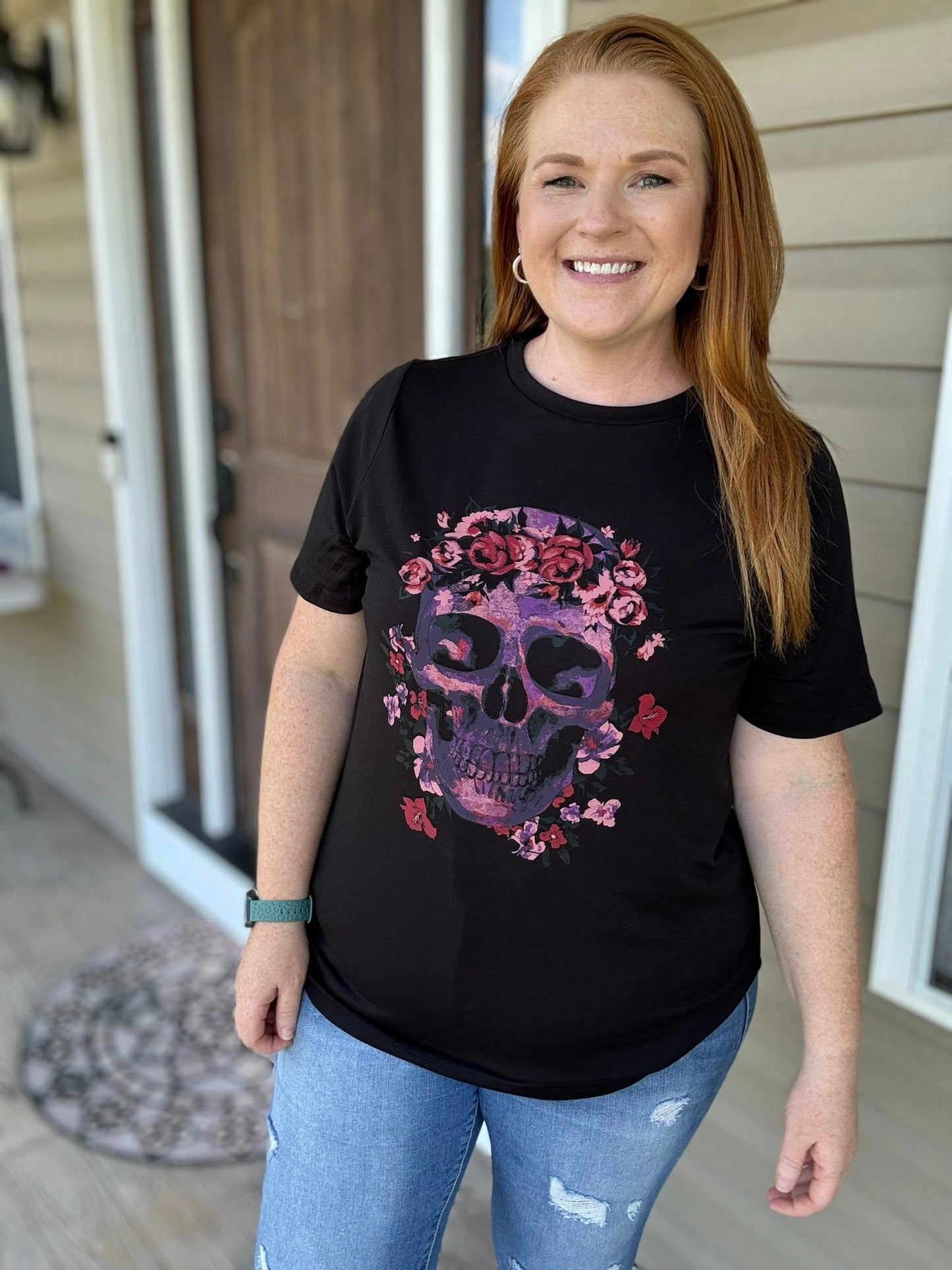 LuLaRoe Halloween 2025 - Rivkah Top - Haunted Blooms Skull