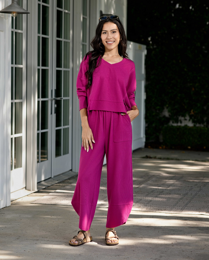 Lifestyle view 2 of the LuLaRoe Wendy Easy Barrel Pull-On Pant in Solid Fuchsia Pink