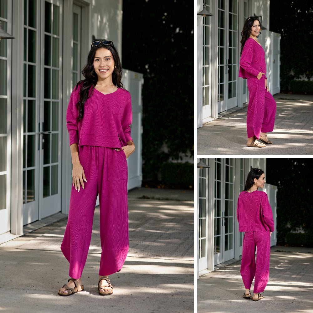 Lifestyle view 3 of the LuLaRoe Wendy Easy Barrel Pull-On Pant in Solid Fuchsia Pink