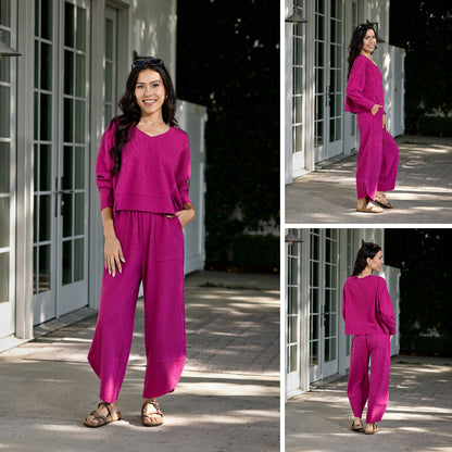 Lifestyle view 3 of the LuLaRoe Wendy Easy Barrel Pull-On Pant in Solid Fuchsia Pink