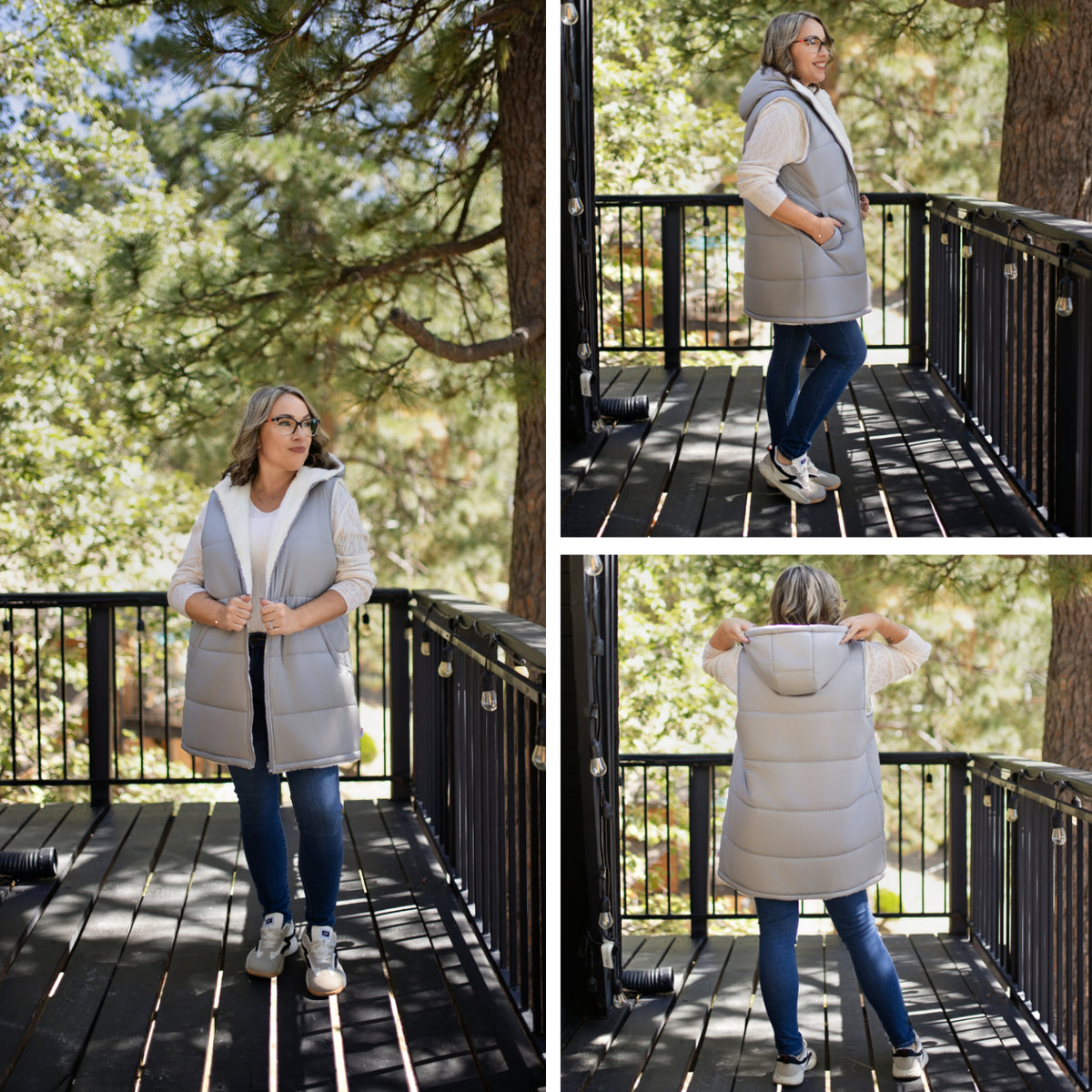 LuLaRoe Alta Solid Silver Gray reversible puffer vest, product and styling photo 3