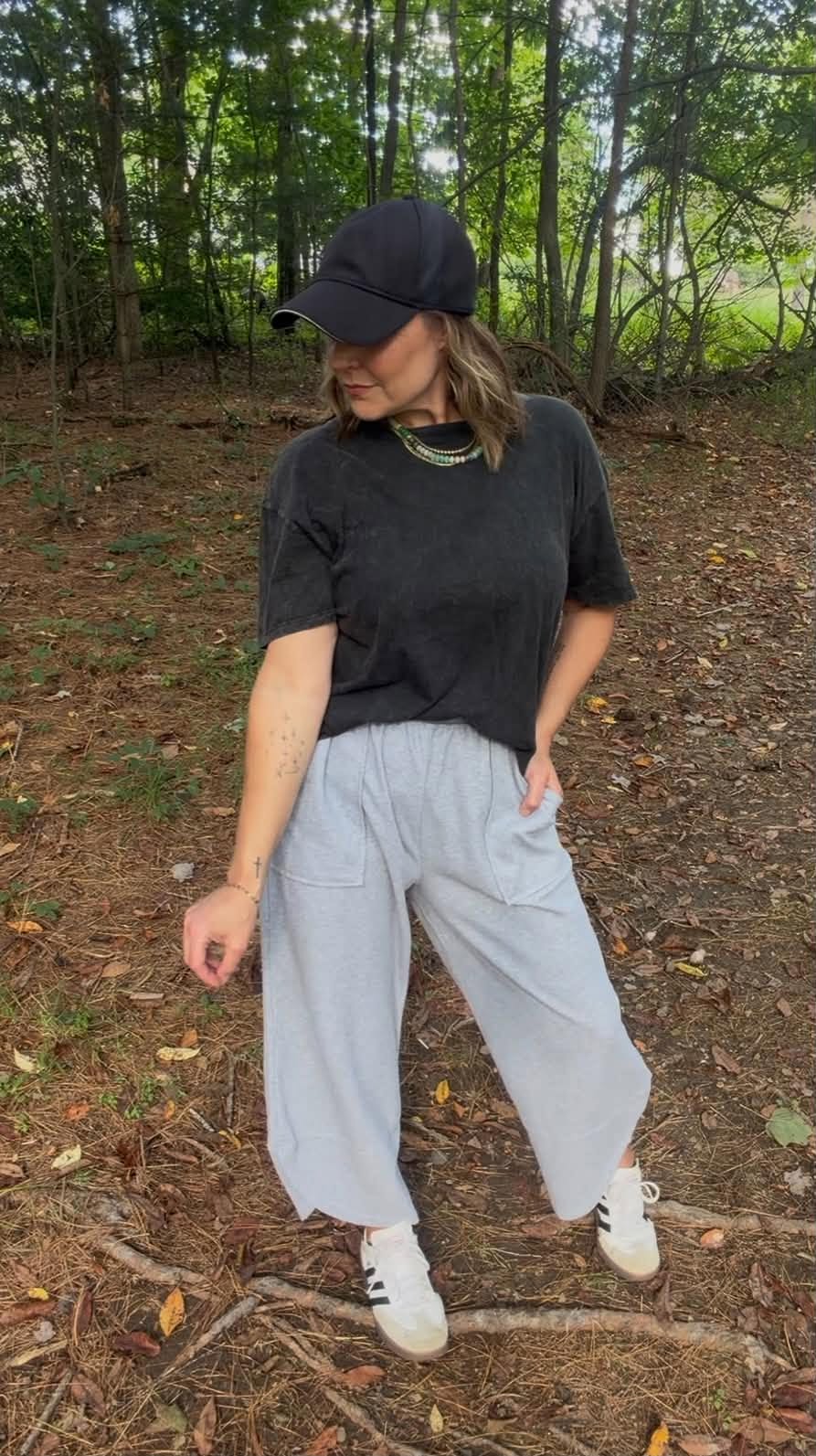 Lifestyle view 2 of the LuLaRoe Wendy Easy Barrel Pull-On Pant in Solid Light Heather Gray