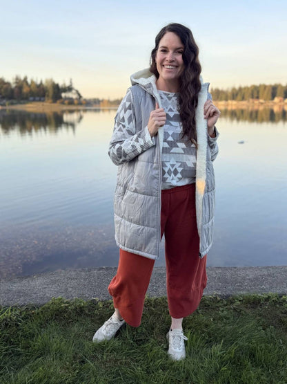 LuLaRoe Alta Reversible Long Vest Solid Silver Gray, lifestyle and detail photo 10