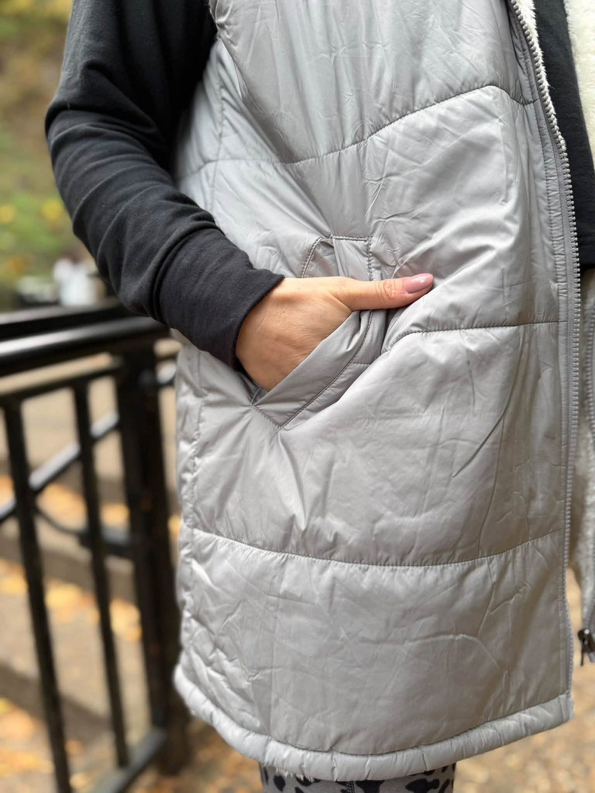 LuLaRoe Alta Solid Silver Gray reversible puffer vest, product and styling photo 4