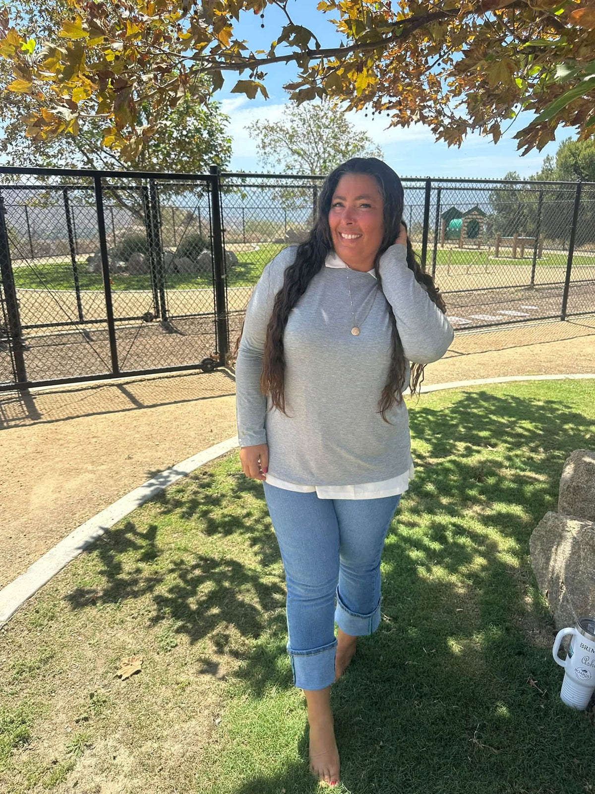 LuLaRoe Sharon Long Sleeve Top - Light Heather Gray - styled outfit photo