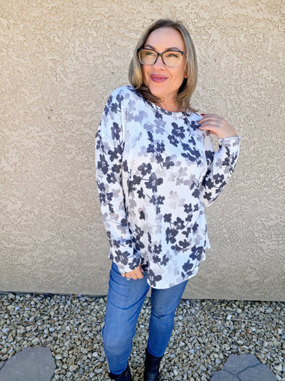 LuLaRoe LuLaRoe Tina Mixed Media Long Sleeve Top – Ivory Black & Gray Floral 