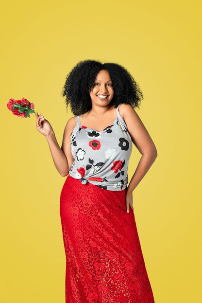 LuLaRoe Essential Cami 2-Pack - Gray, Black, White & Red Mod Floral + Solid Crimson Red