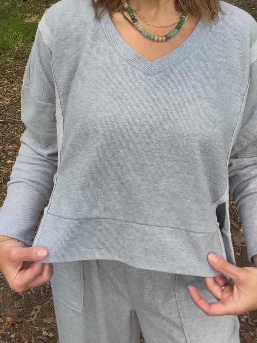Lifestyle view 3 of the LuLaRoe Jordyn V-Neck Thermal in Solid Light Heather Gray