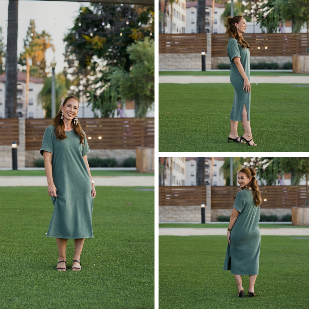 LuLaRoe Leticia Solid Mineral Washed Muted Sage Green 100% cotton mineral washed midi T-shirt dress - product image 3