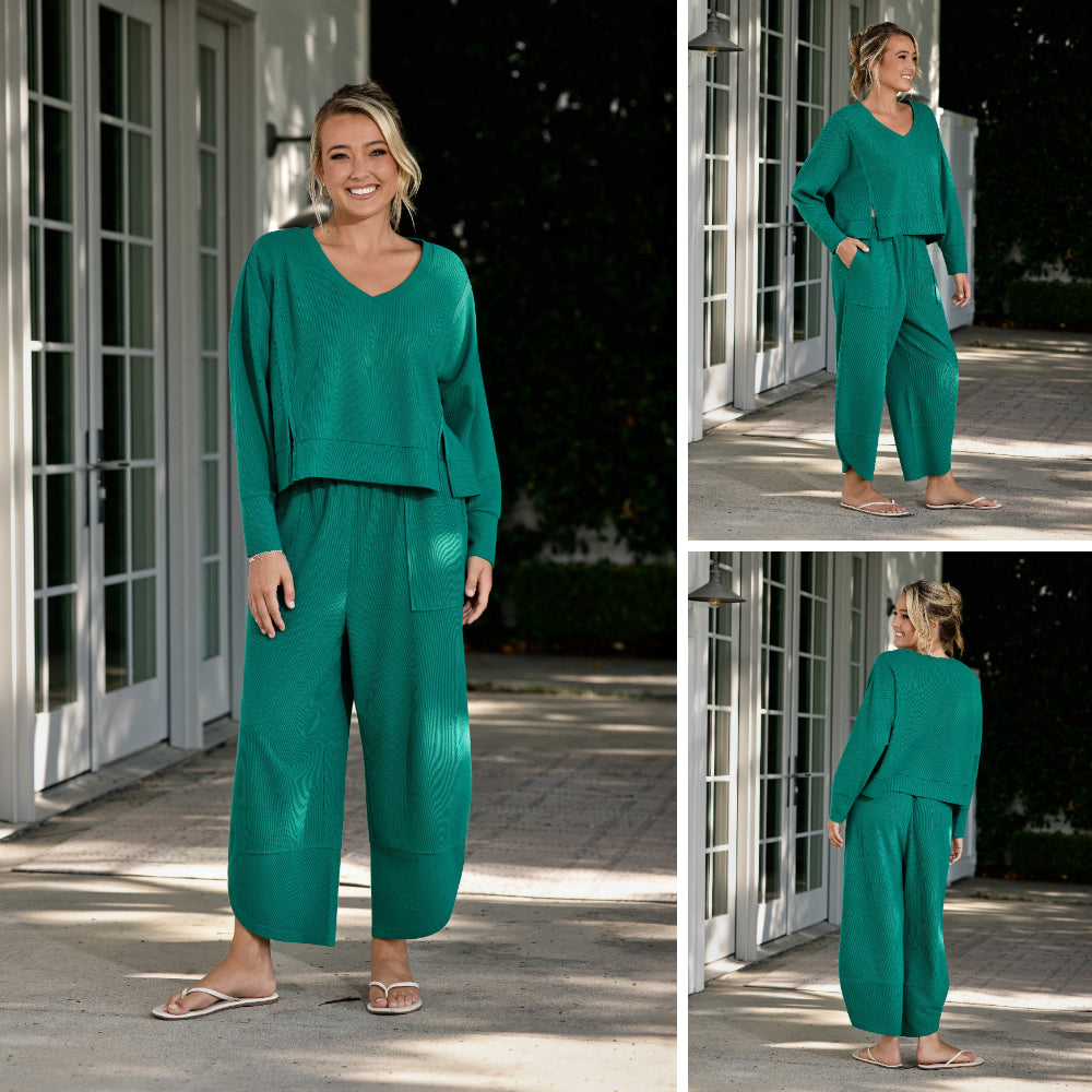 Lifestyle view 1 of the LuLaRoe Wendy Easy Barrel Pull-On Pant in Solid Emerald Green