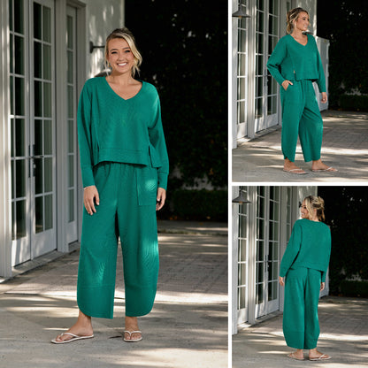 Lifestyle view 1 of the LuLaRoe Wendy Easy Barrel Pull-On Pant in Solid Emerald Green