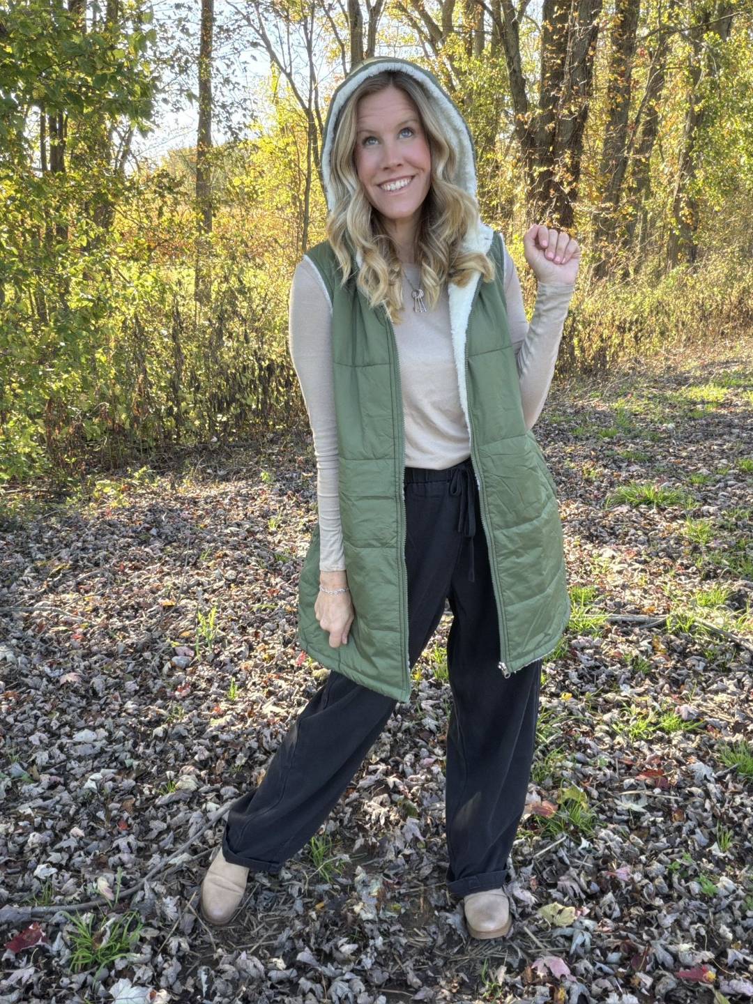 LuLaRoe Alta Solid Muted Olive Green reversible puffer vest, product and styling photo 3