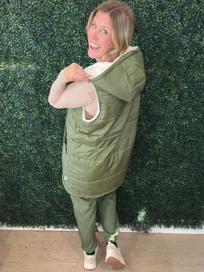 LuLaRoe Alta Solid Muted Olive Green reversible puffer vest, product and styling photo 4
