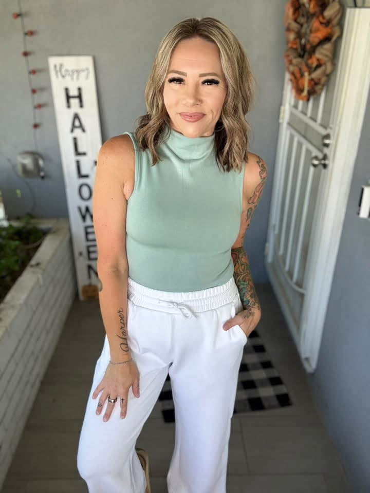 LuLaRoe Ramona Mock Neck Tank – Solid Soft Sage Green outfit and fit photo