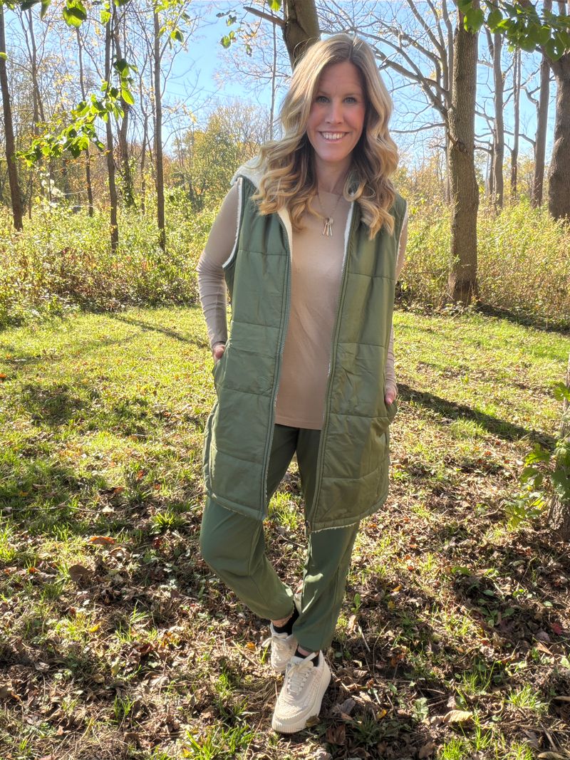 LuLaRoe Alta Reversible Long Vest Solid Muted Olive Green, lifestyle and detail photo 7