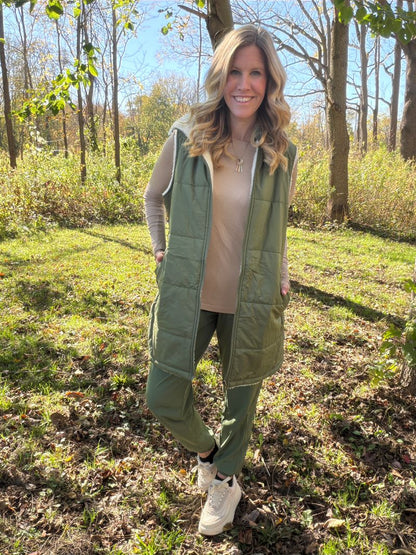 LuLaRoe Alta Reversible Long Vest Solid Muted Olive Green, lifestyle and detail photo 7