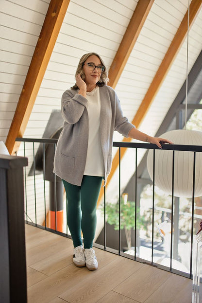 LuLaRoe WarmTech fleece-lined leggings solid forest green - detail and lifestyle view 2