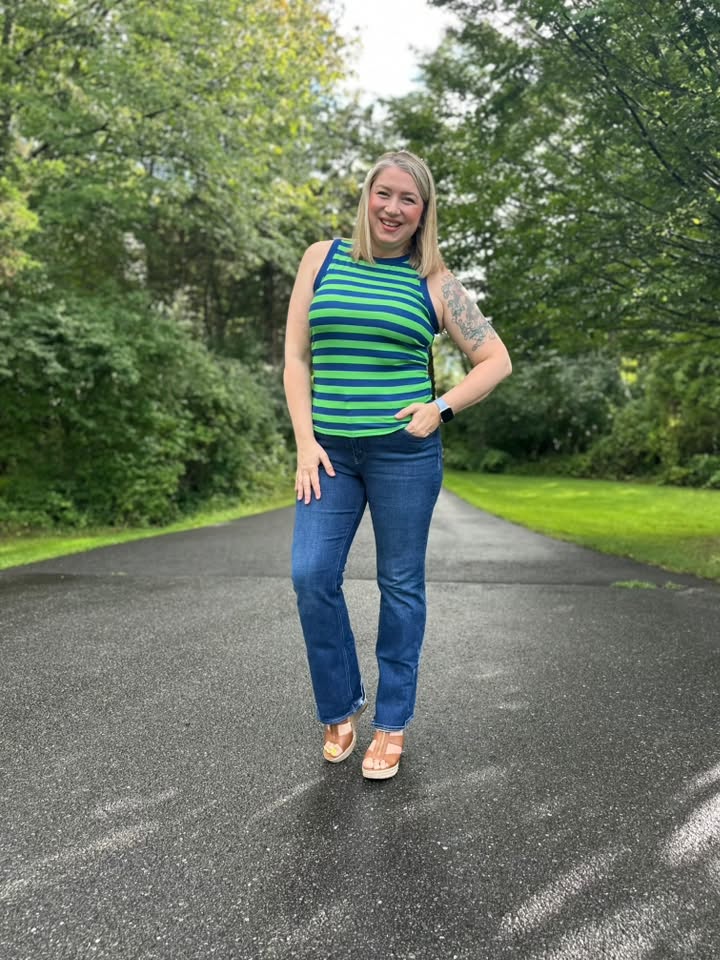 LuLaRoe Davy Rib Tank – Kelly Green & Navy Horizontal Stripe