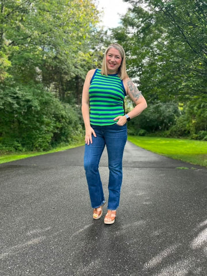 LuLaRoe Davy Rib Tank – Kelly Green & Navy Horizontal Stripe