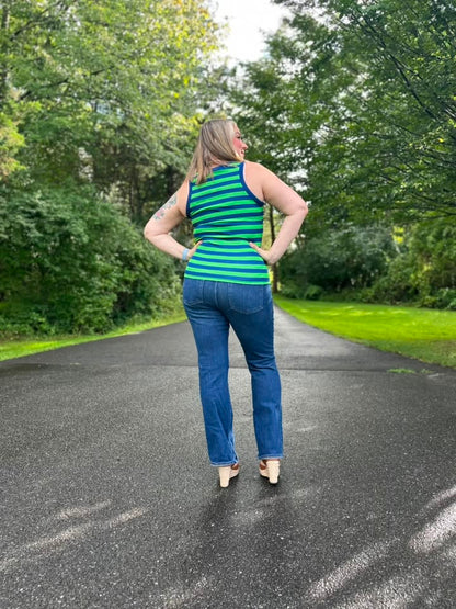 LuLaRoe Davy Rib Tank – Kelly Green & Navy Horizontal Stripe