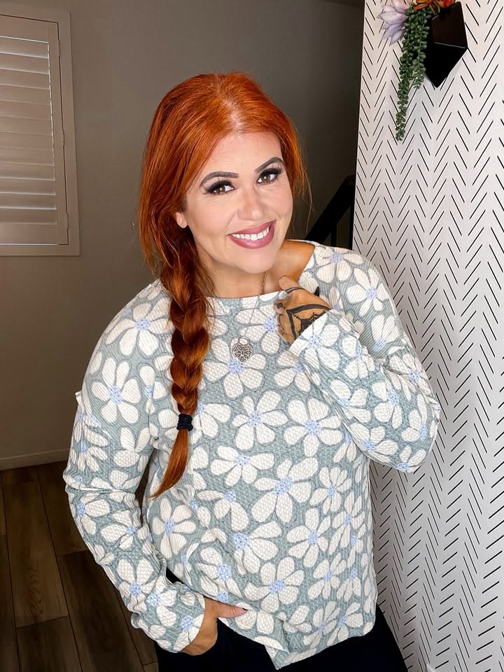LuLaRoe LuLaRoe Tina Mixed Media Long Sleeve Top – Dusty Sage & Ivory Retro Daisy Floral 