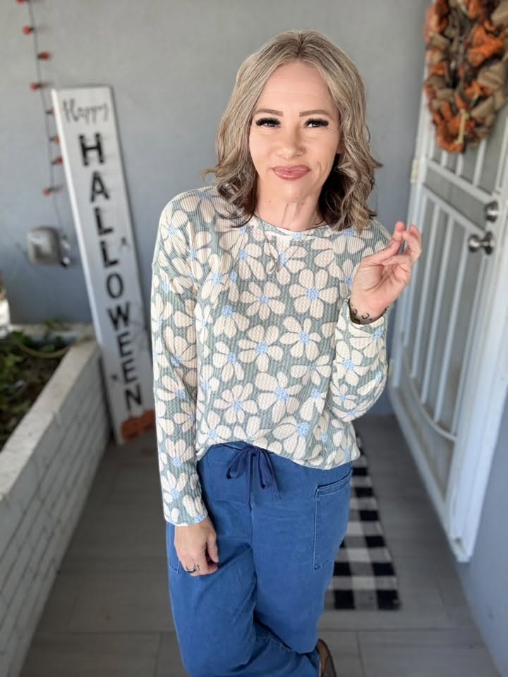 LuLaRoe LuLaRoe Tina Mixed Media Long Sleeve Top – Dusty Sage & Ivory Retro Daisy Floral 