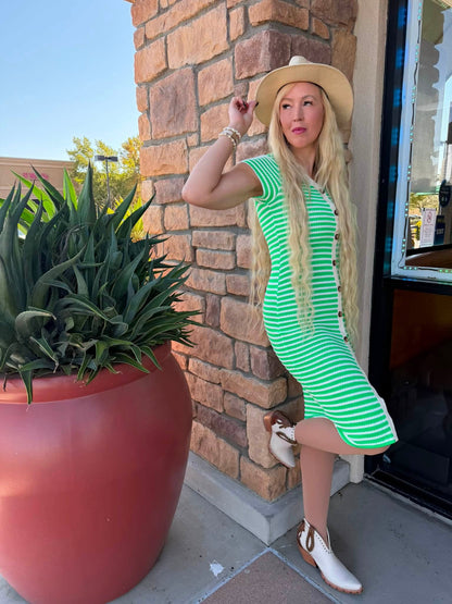 LuLaRoe Leni Button Front Midi Dress in Kelly Green and Ivory Scalloped Stripe with short sleeves, V-neckline and contrast trim