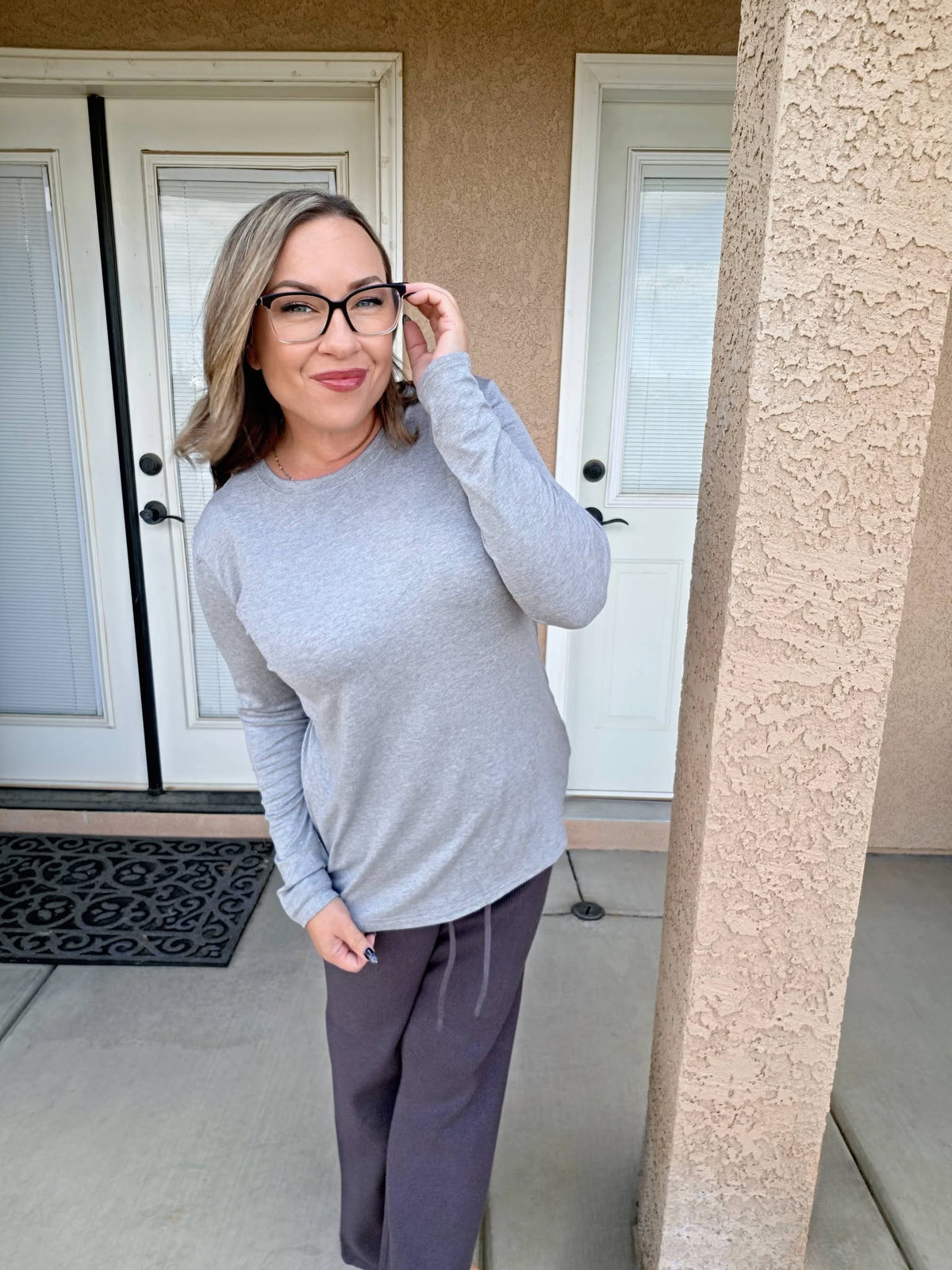 LuLaRoe Essential Long Sleeve Top Solid Heather Gray - women’s crewneck stretch baby rib long sleeve shirt, product photo 4