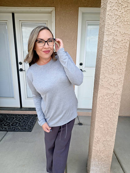 LuLaRoe Essential Long Sleeve Top Solid Heather Gray - women’s crewneck stretch baby rib long sleeve shirt, product photo 4