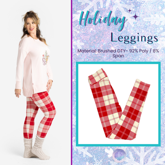 Woman wearing red and cream checkered holiday leggings with cozy winter sweater beside flat lay of the same Candy Cane Checkered Cheer leggings, LuLaRoe holiday collection