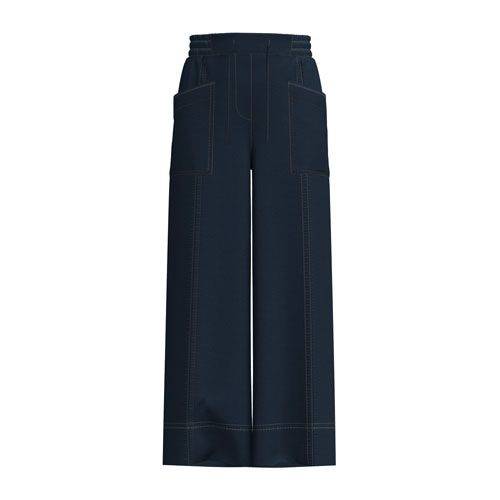 Model wearing the LuLaRoe Pull-On Patch Pocket Pant in Indigo Wash with a wide-leg silhouette, drawstring waist and front patch pockets.