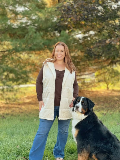 LuLaRoe Alta Reversible Long Vest Solid Soft Ivory, lifestyle and detail photo 8